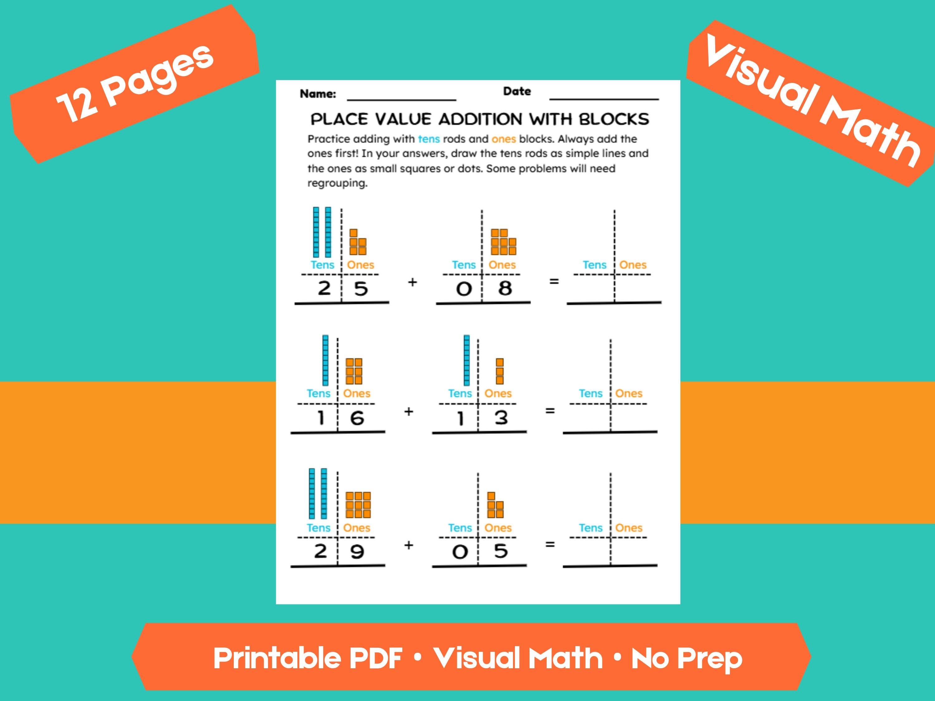 Addition with Place Value Blocks Worksheets | Adding Within 100 | Tens and Ones Regrouping Practice | Printable Math PDF
