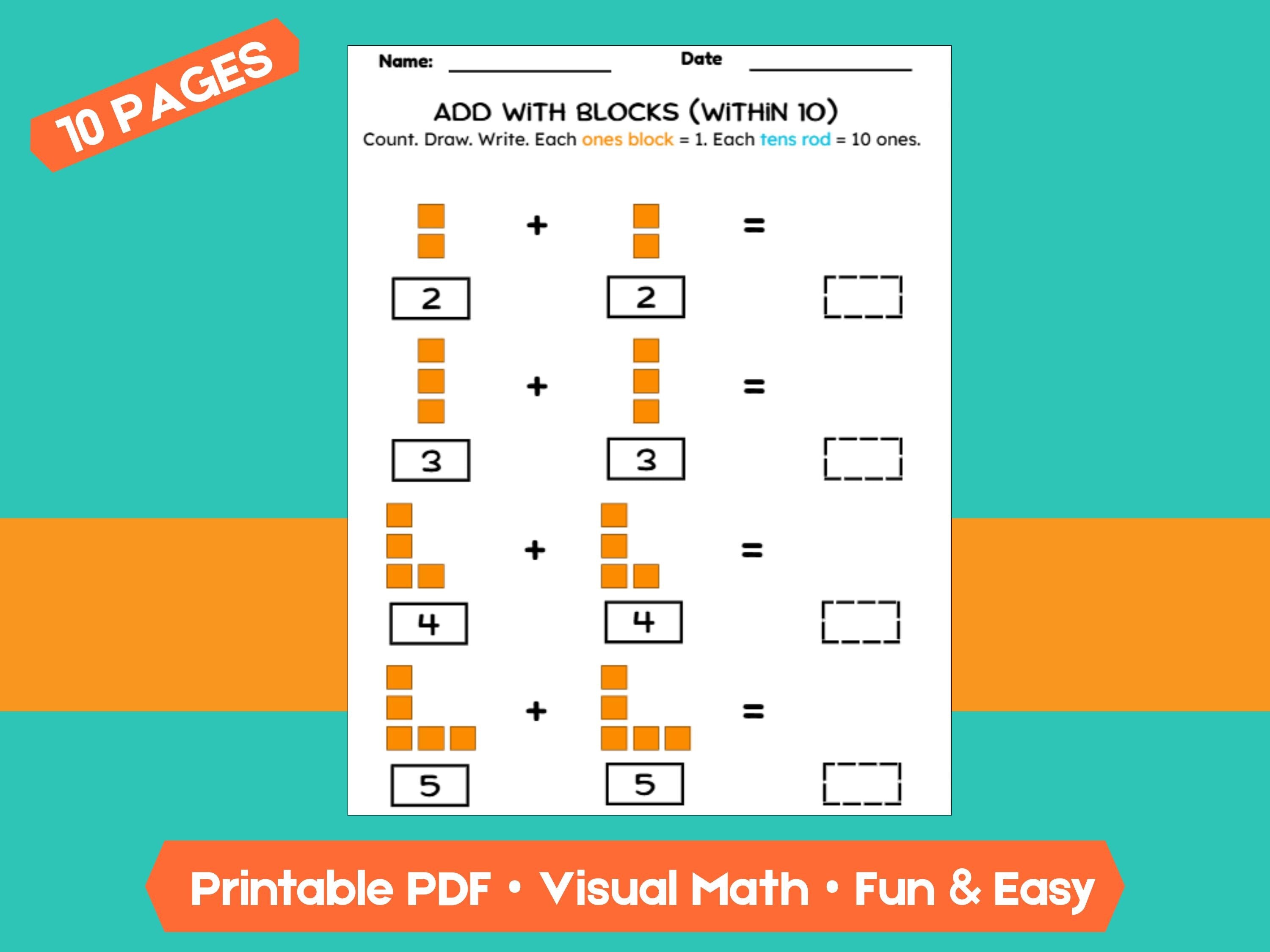 Kindergarten Addition Worksheets | Add Within 10 | No-Prep Math Printables with Blocks (Draw & Write Practice)