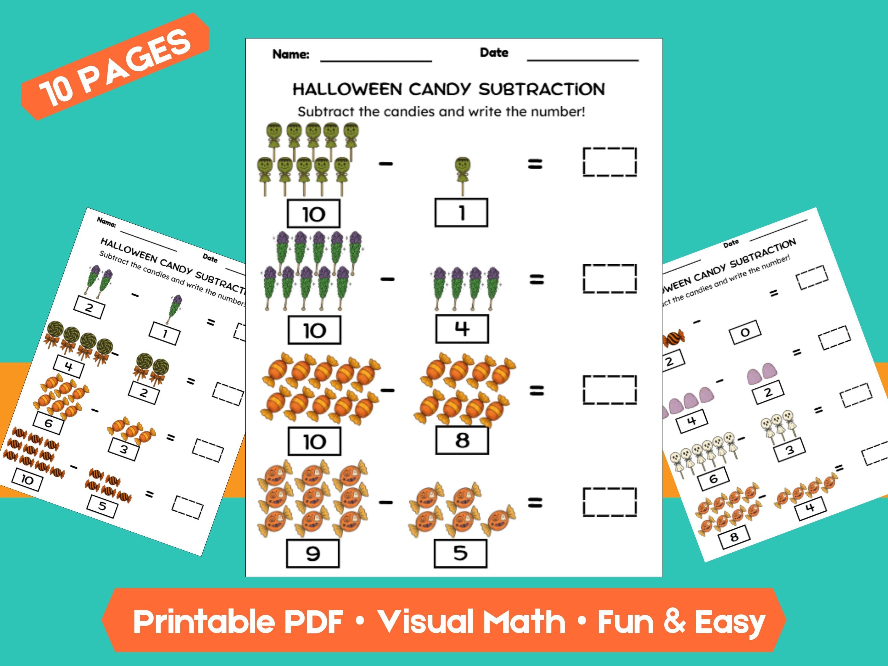 Halloween Candy Subtraction Worksheets (1–10) | Preschool & Kindergarten Math, Count and Write