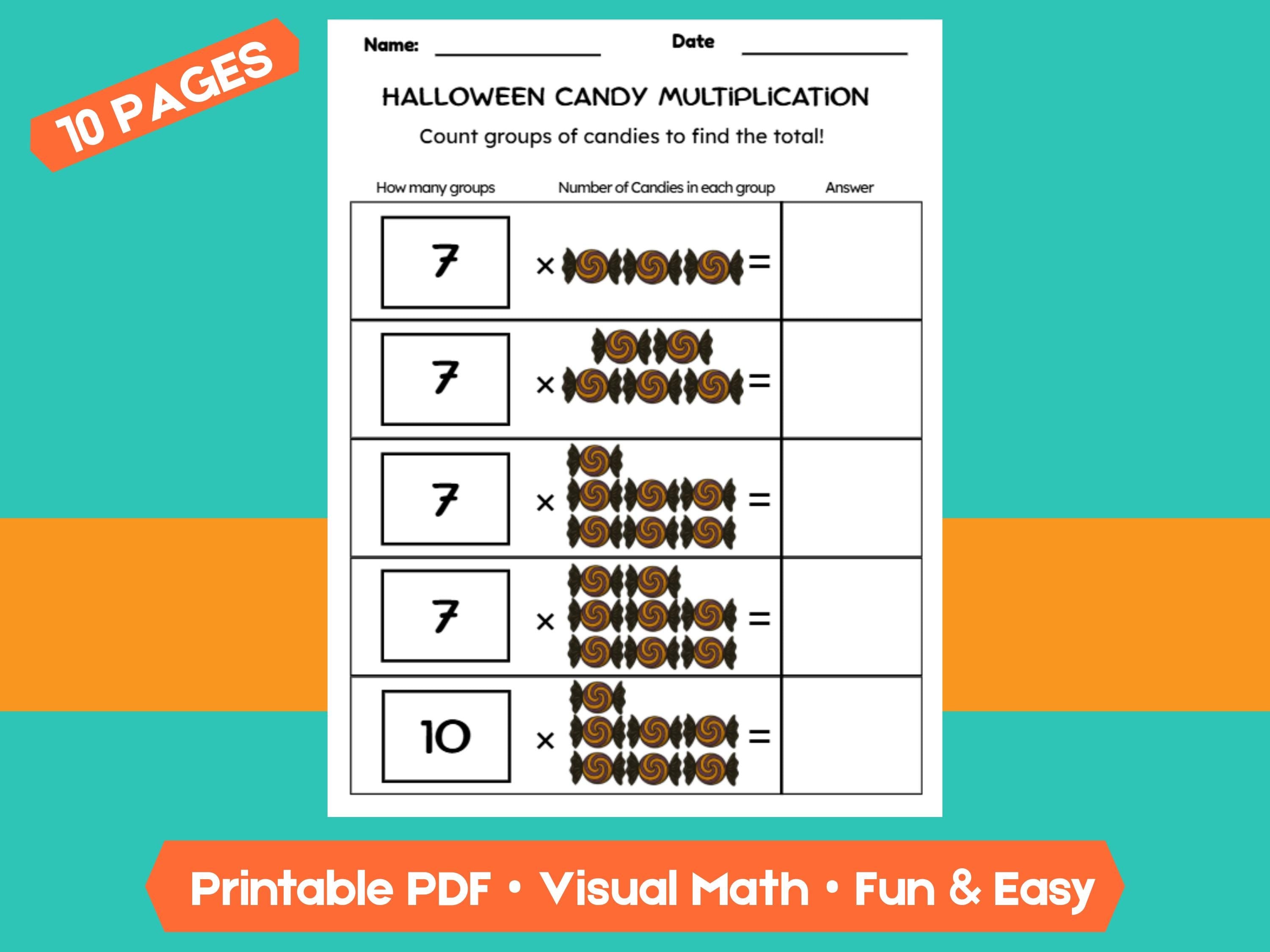 Halloween Candy Multiplication Worksheets | 10 Pages | Fun & Visual Math Practice for Kids