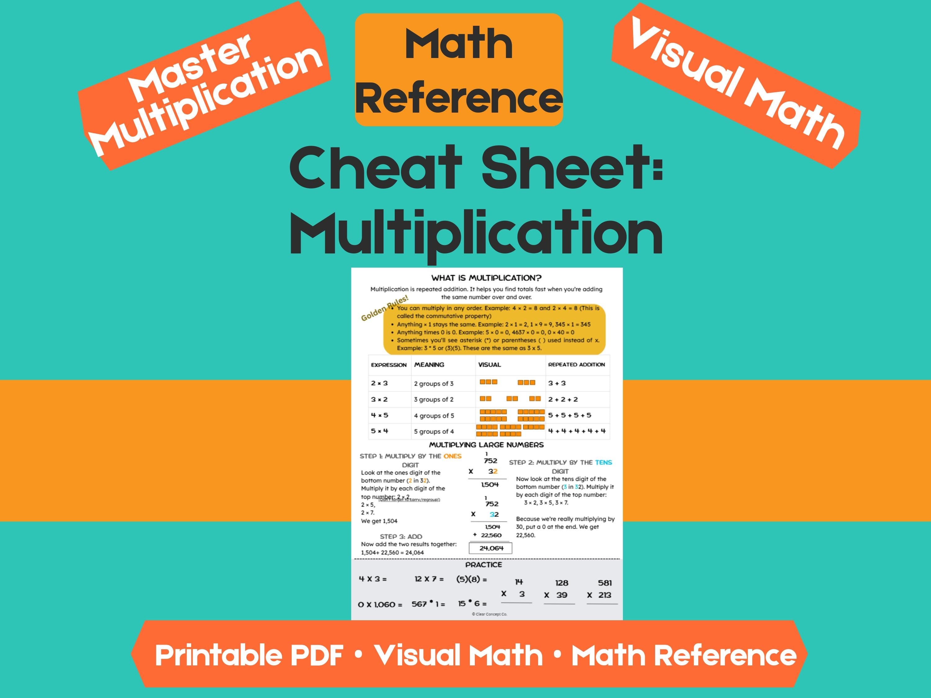 Multiplication Cheat Sheet | Visual Math Reference with Practice + Answer Key (Grades 2–5)