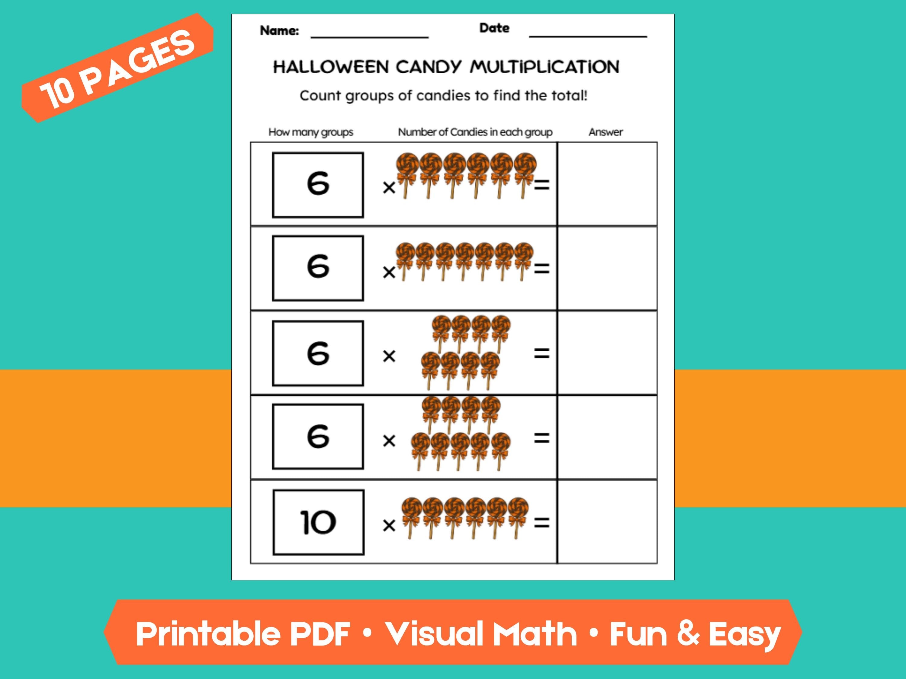 Halloween Candy Multiplication Worksheets | 10 Pages | Fun & Visual Math Practice for Kids