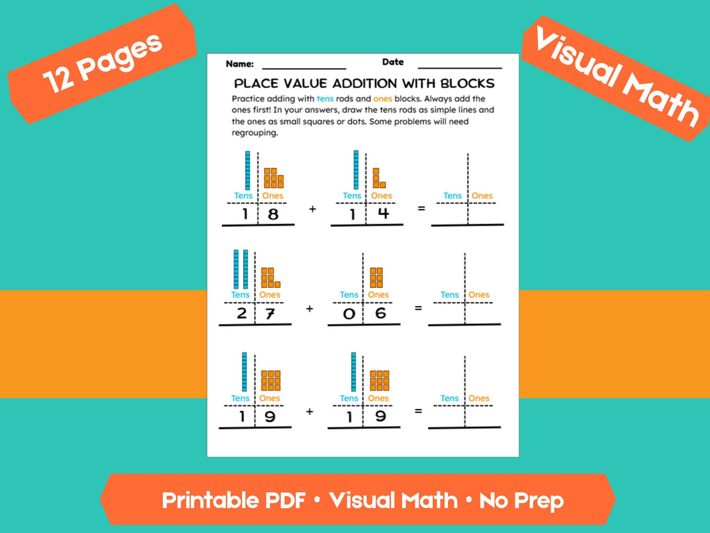 Addition with Place Value Blocks Worksheets | Adding Within 100 | Tens and Ones Regrouping Practice | Printable Math PDF