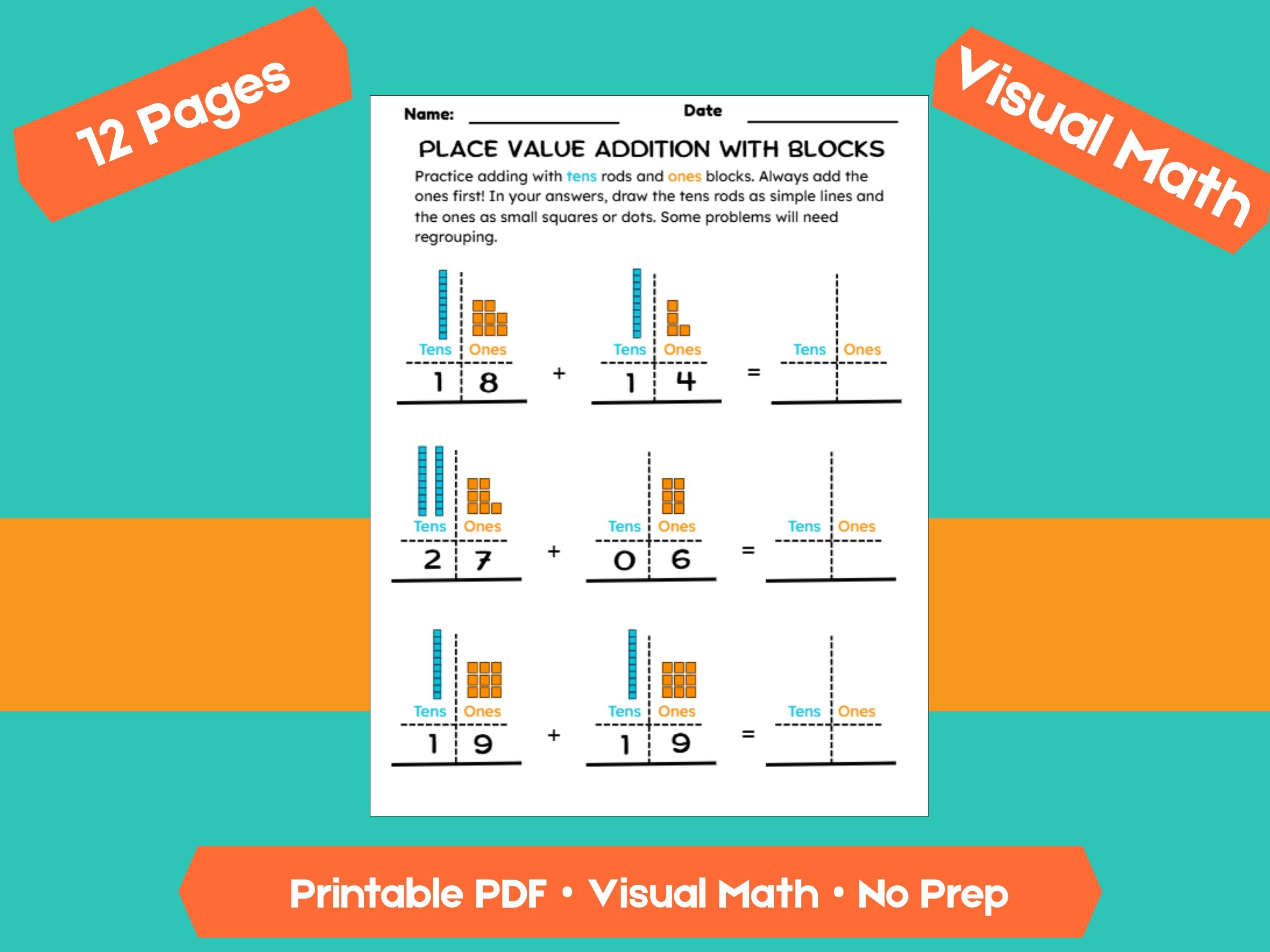 Addition with Place Value Blocks Worksheets | Adding Within 100 | Tens and Ones Regrouping Practice | Printable Math PDF