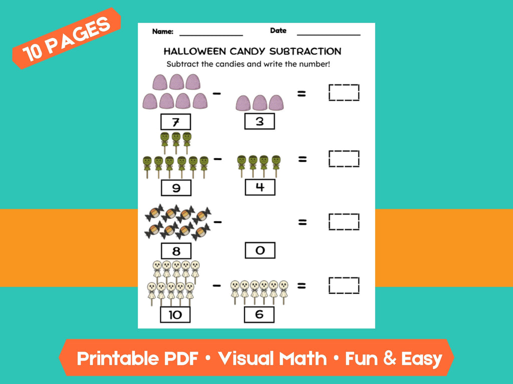 Halloween Candy Subtraction Worksheets (1–10) | Preschool & Kindergarten Math, Count and Write