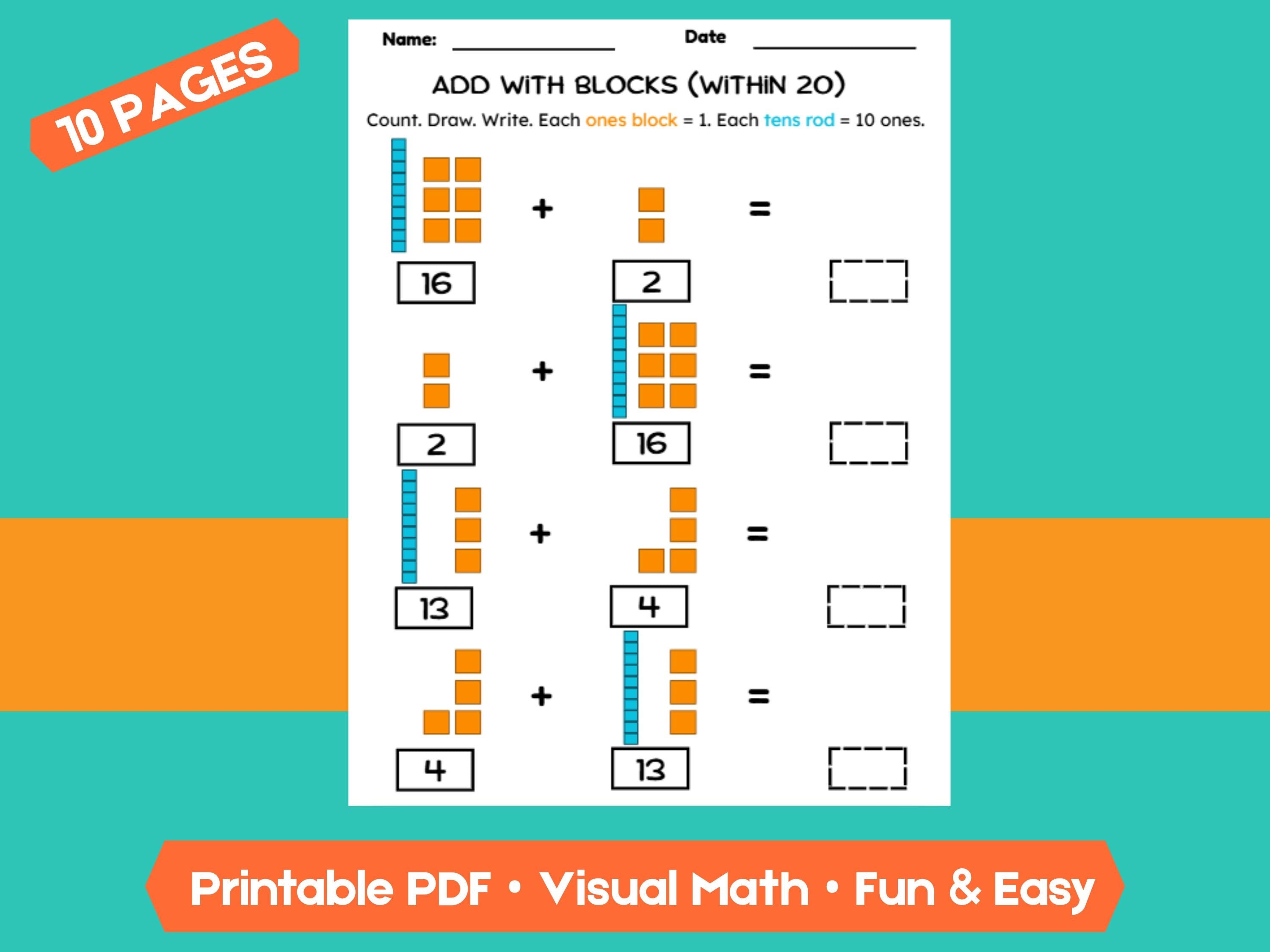 Kindergarten Addition Worksheets | Add Within 20 | No-Prep Math Printables with Blocks (Draw & Write Practice)