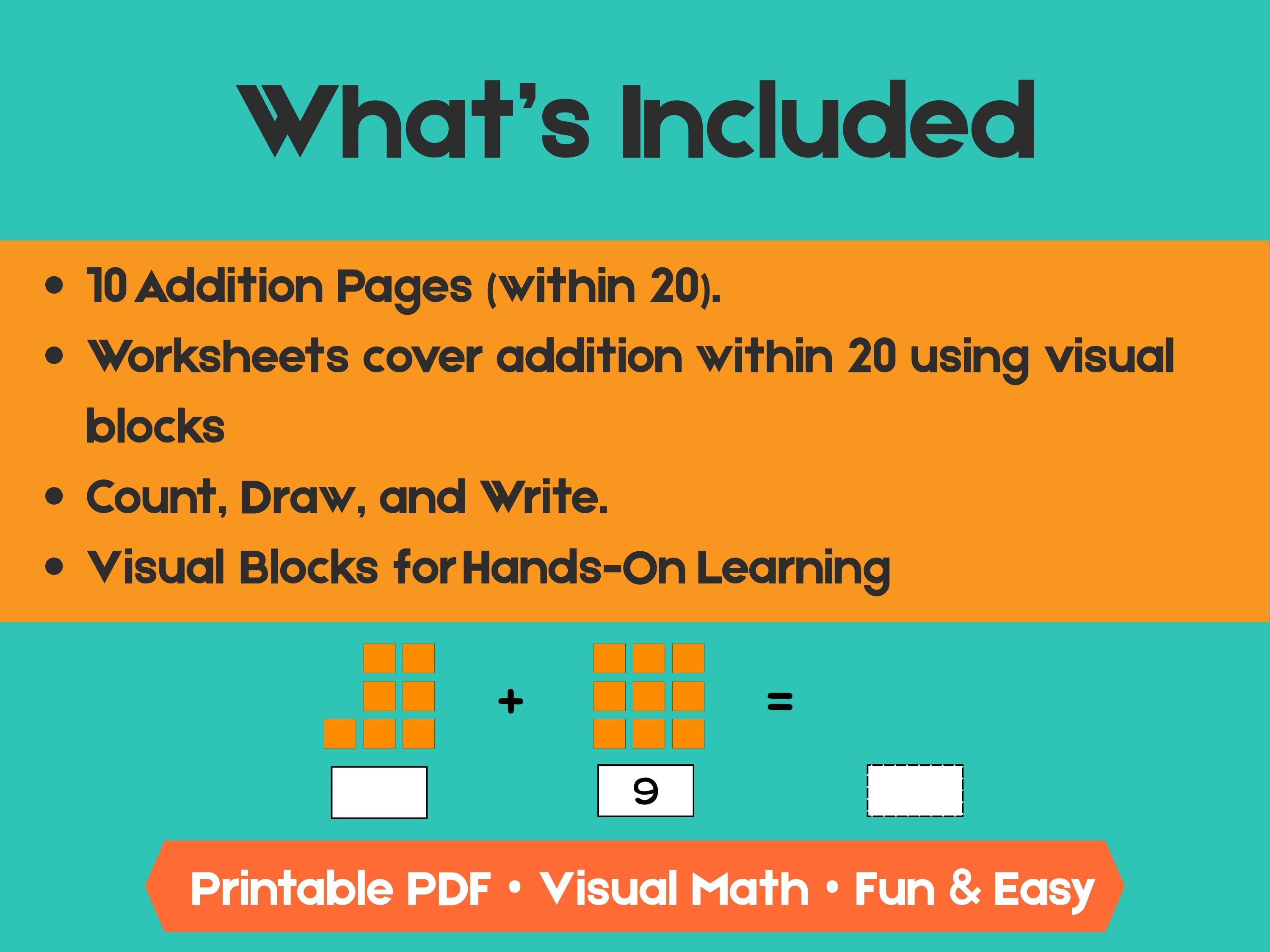 Kindergarten Addition Worksheets | Add Within 20 | No-Prep Math Printables with Blocks (Draw & Write Practice)