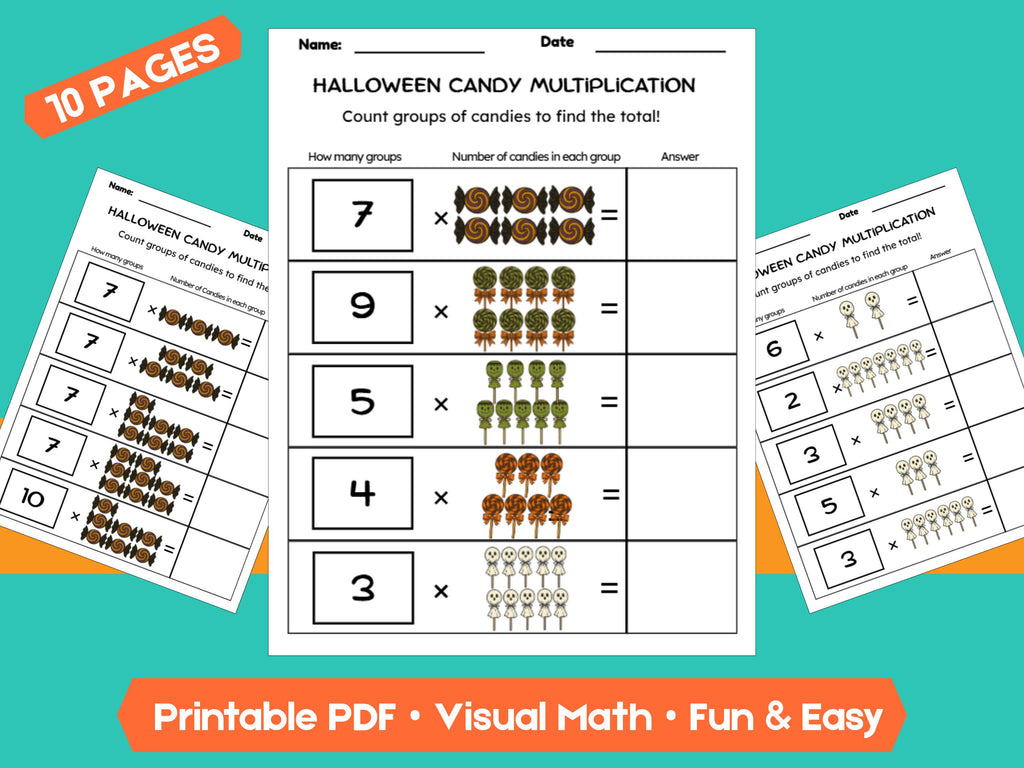 Halloween Candy Multiplication Worksheets | 10 Pages | Fun & Visual Math Practice for Kids