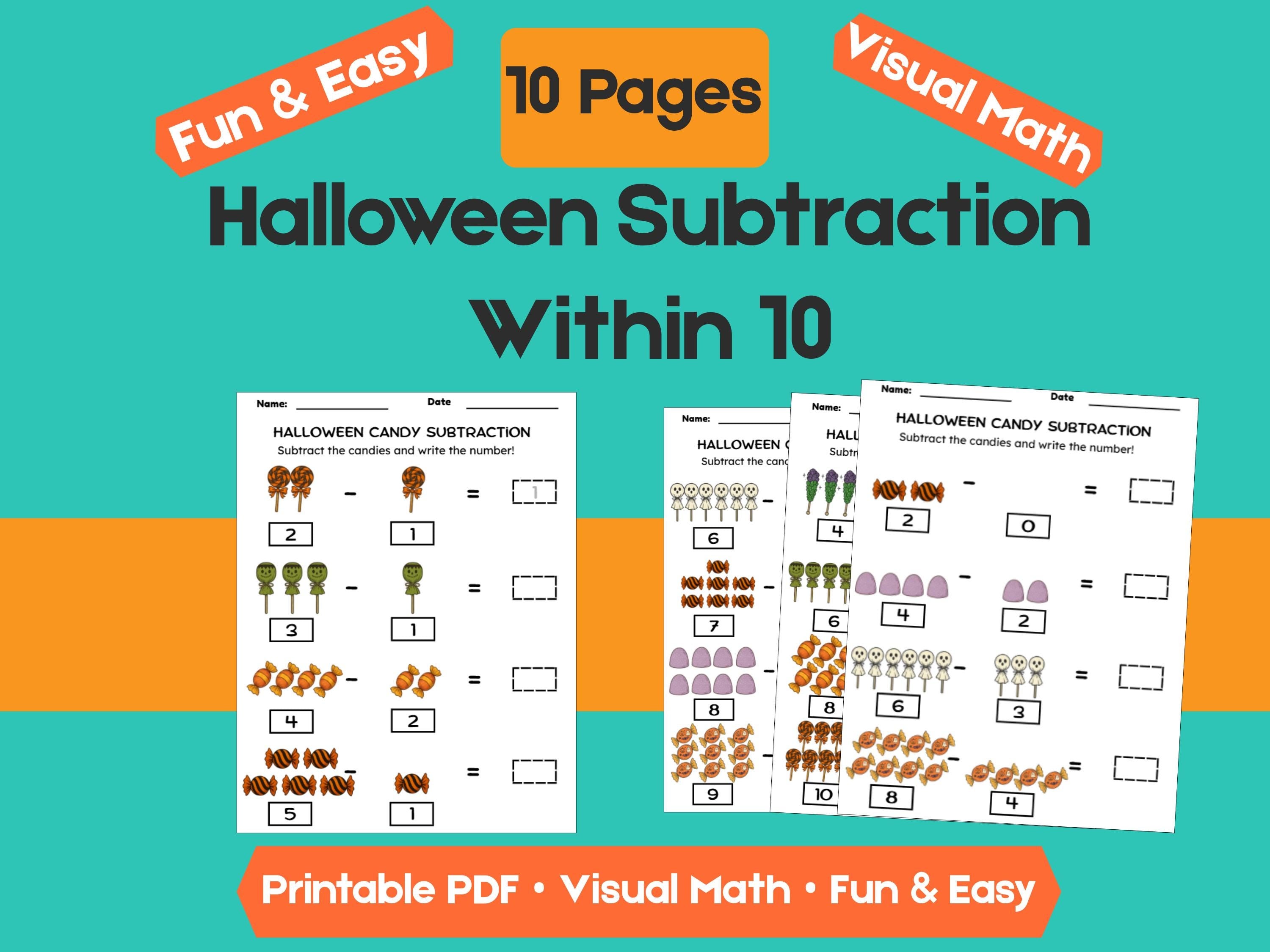 Halloween Candy Subtraction Worksheets (1–10) | Preschool & Kindergarten Math, Count and Write