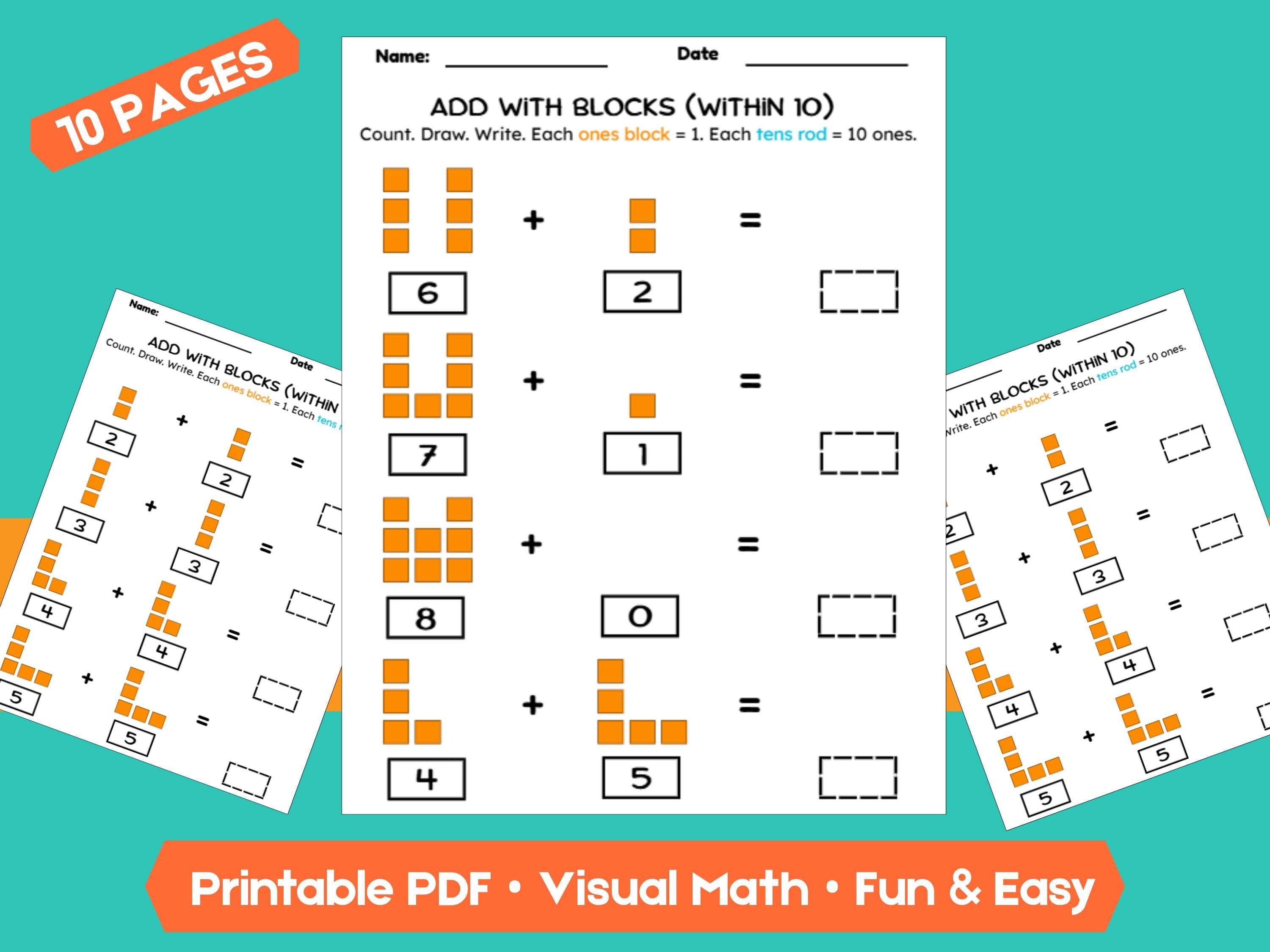 Kindergarten Addition Worksheets | Add Within 10 | No-Prep Math Printables with Blocks (Draw & Write Practice)