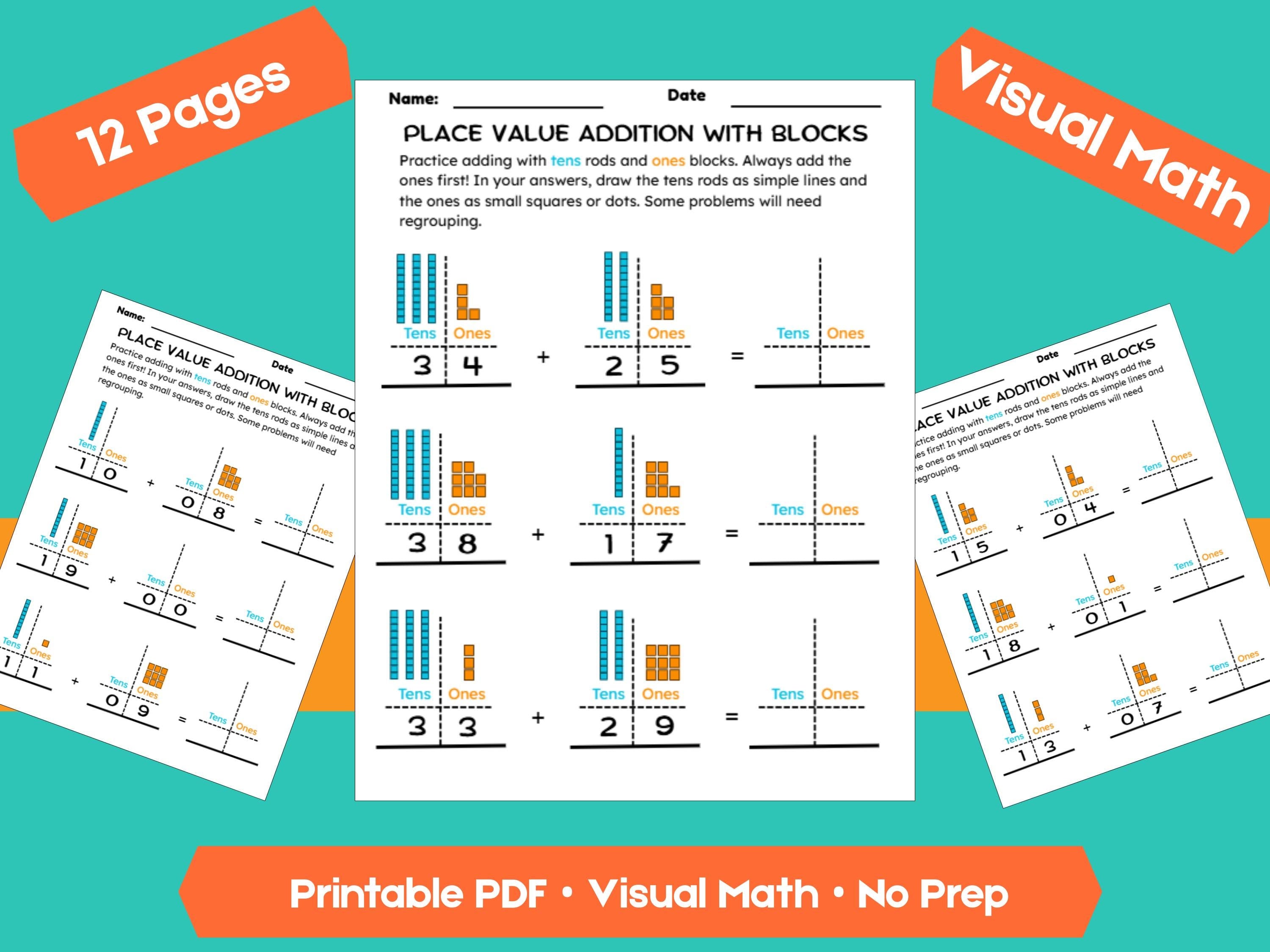 Addition with Place Value Blocks Worksheets | Adding Within 100 | Tens and Ones Regrouping Practice | Printable Math PDF