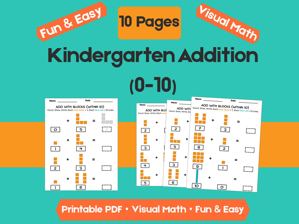 Kindergarten Addition Worksheets | Add Within 10 | No-Prep Math Printables with Blocks (Draw & Write Practice)