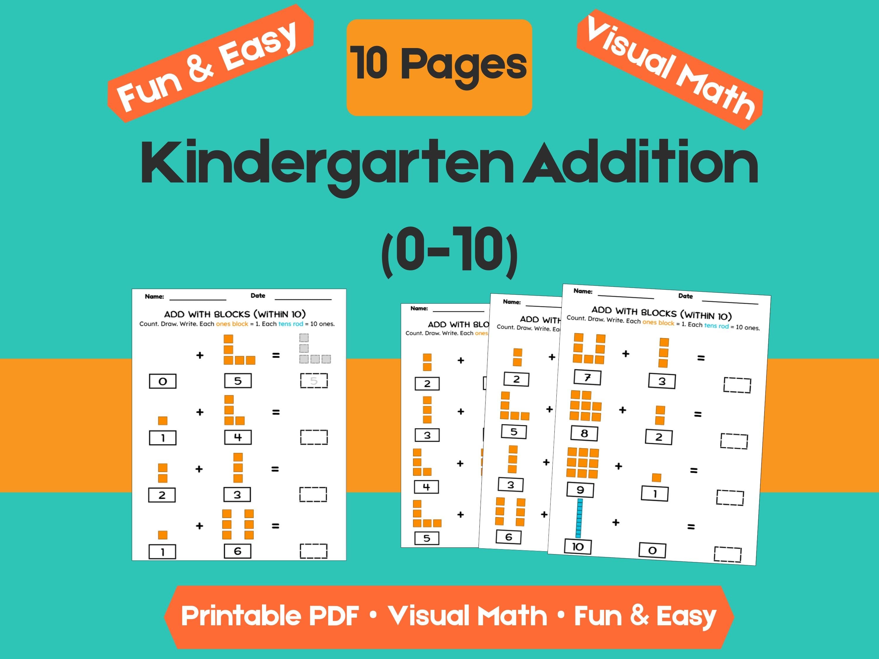 Kindergarten Addition Worksheets | Add Within 10 | No-Prep Math Printables with Blocks (Draw & Write Practice)
