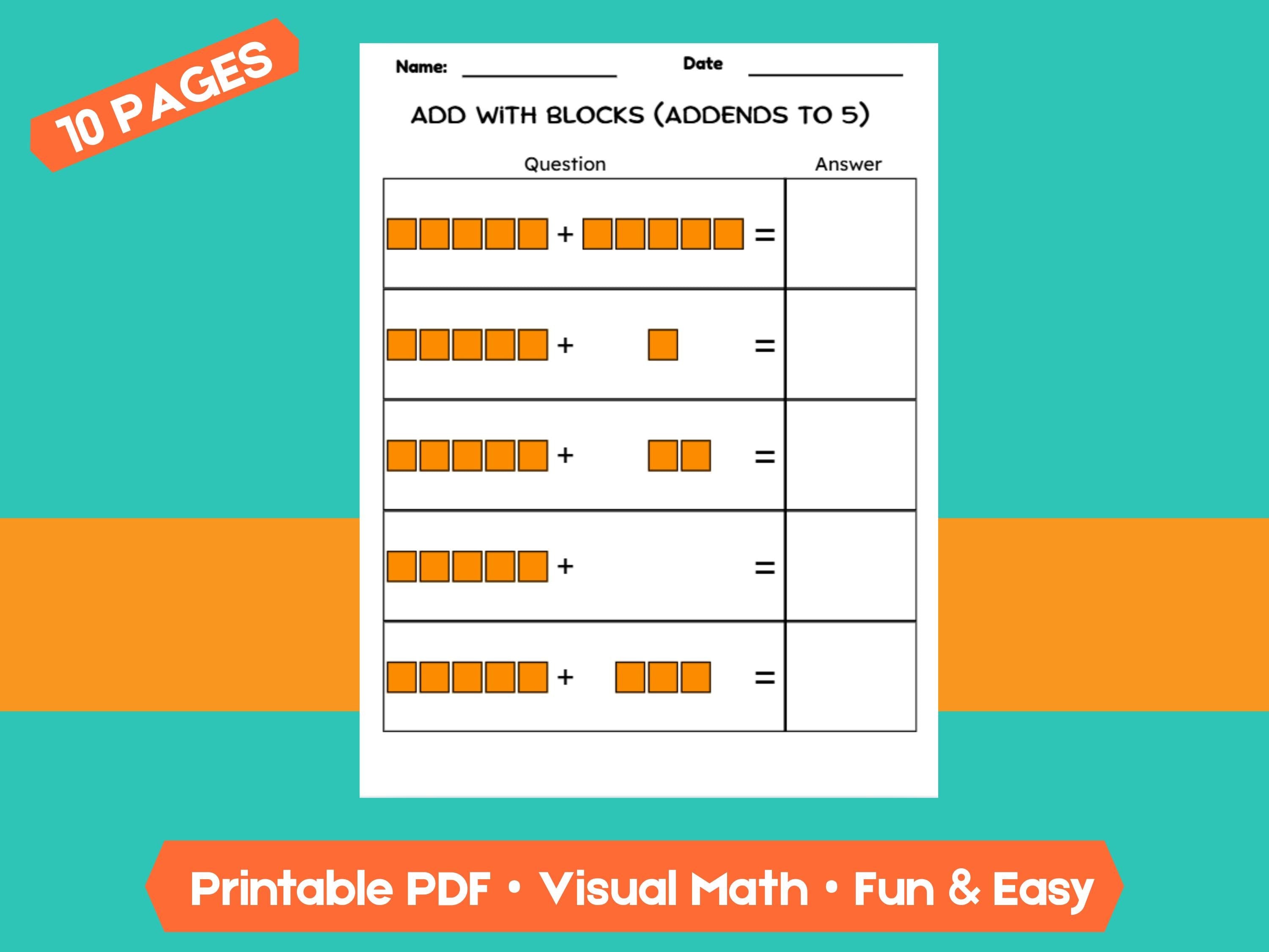 Kindergarten Addition Worksheets | Addends Within 5 | No-Prep Math Printables with Blocks (Draw & Write Practice)