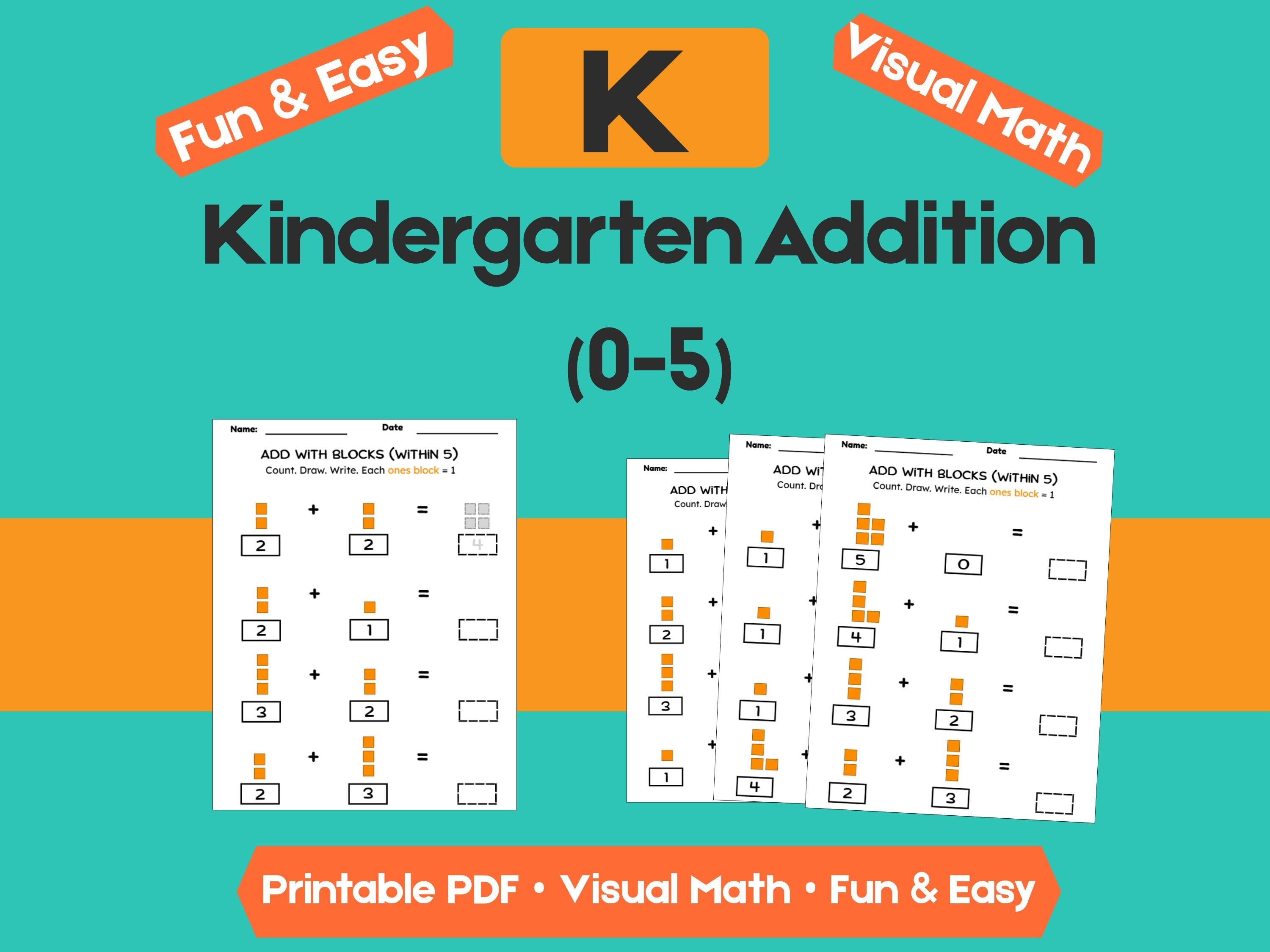 Kindergarten Addition Worksheets | Add Within 5 | No-Prep Math Printables with Blocks (Draw & Write Practice)