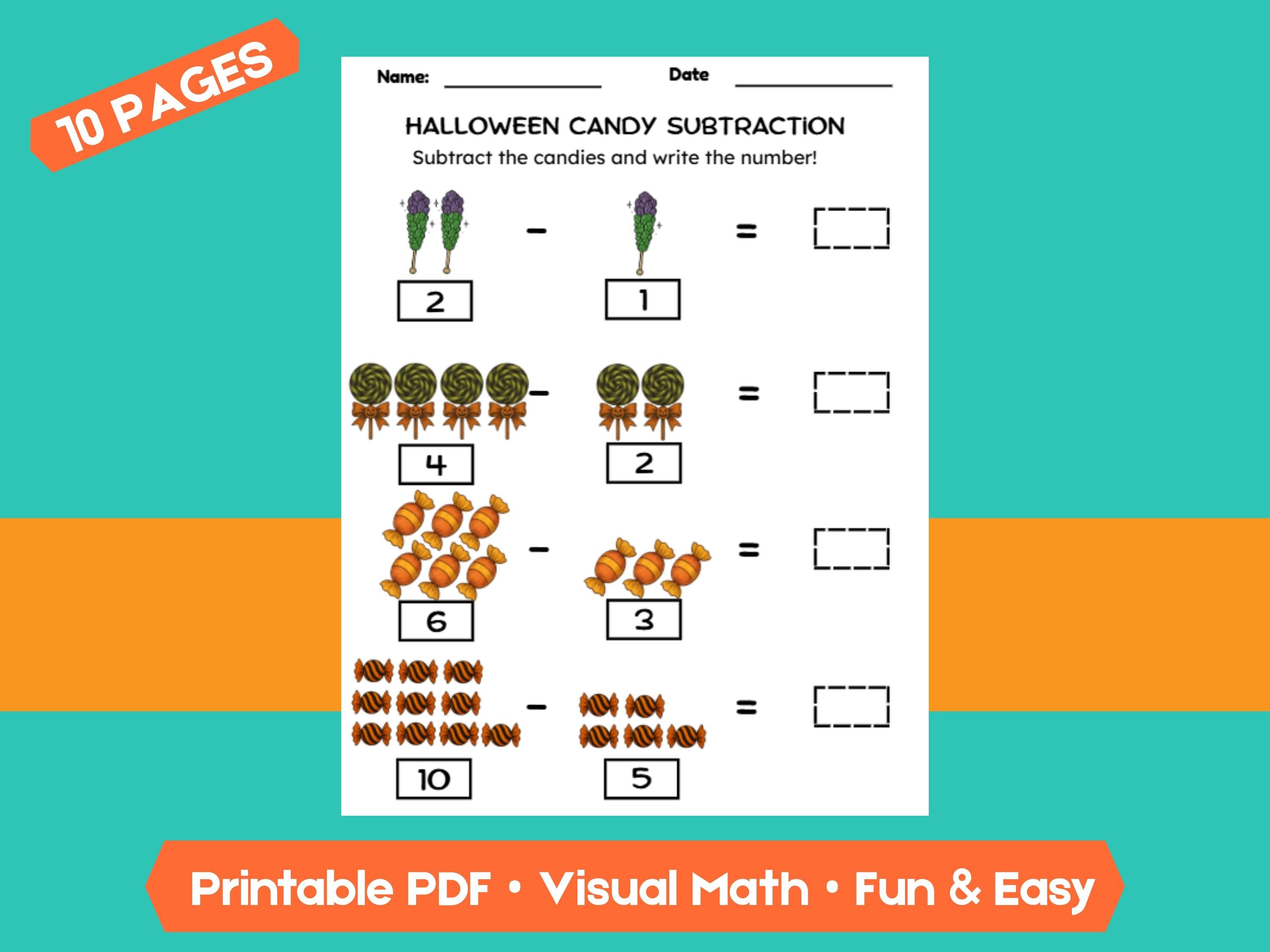 Halloween Candy Subtraction Worksheets (1–10) | Preschool & Kindergarten Math, Count and Write