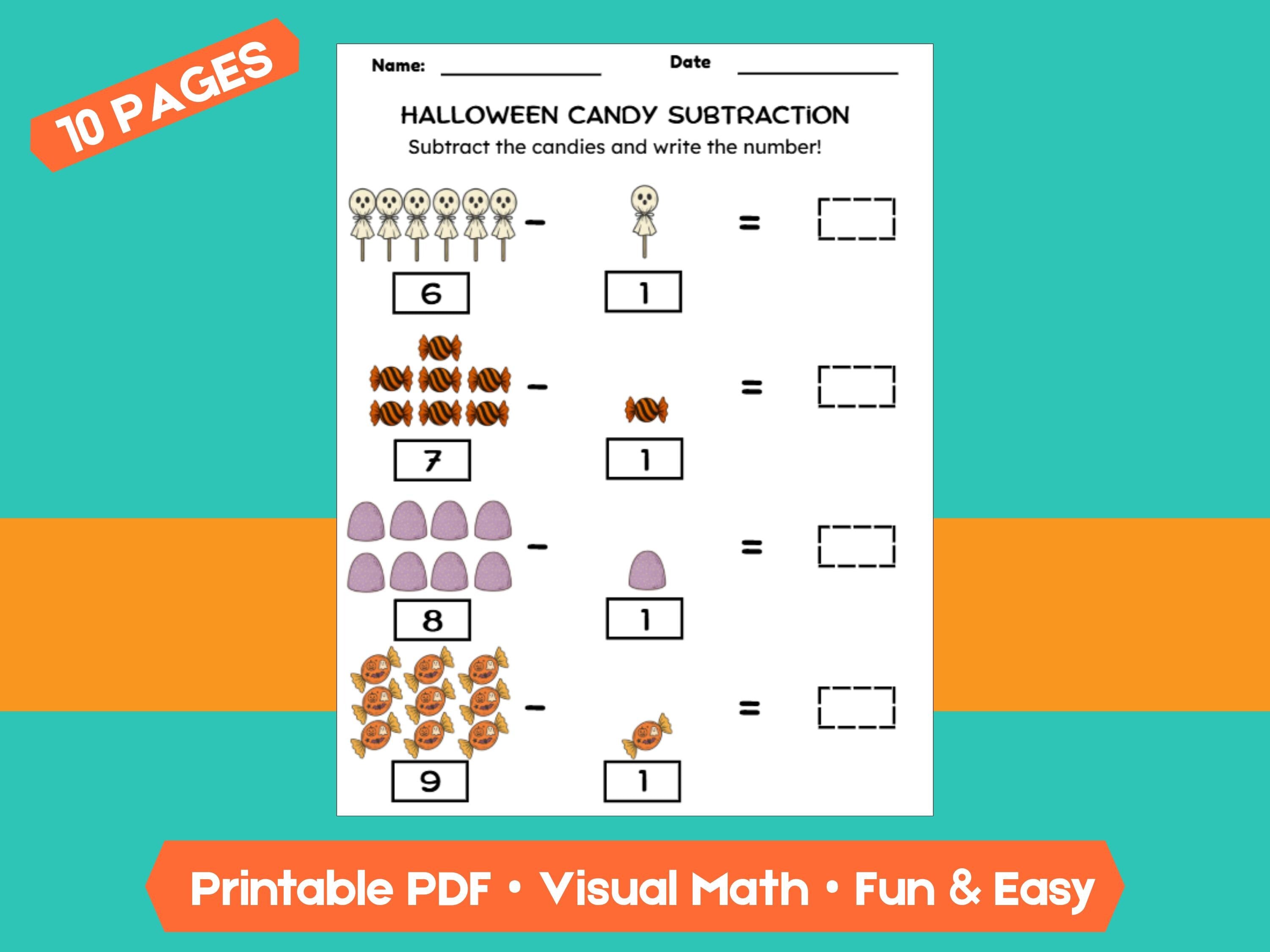 Halloween Candy Subtraction Worksheets (1–10) | Preschool & Kindergarten Math, Count and Write