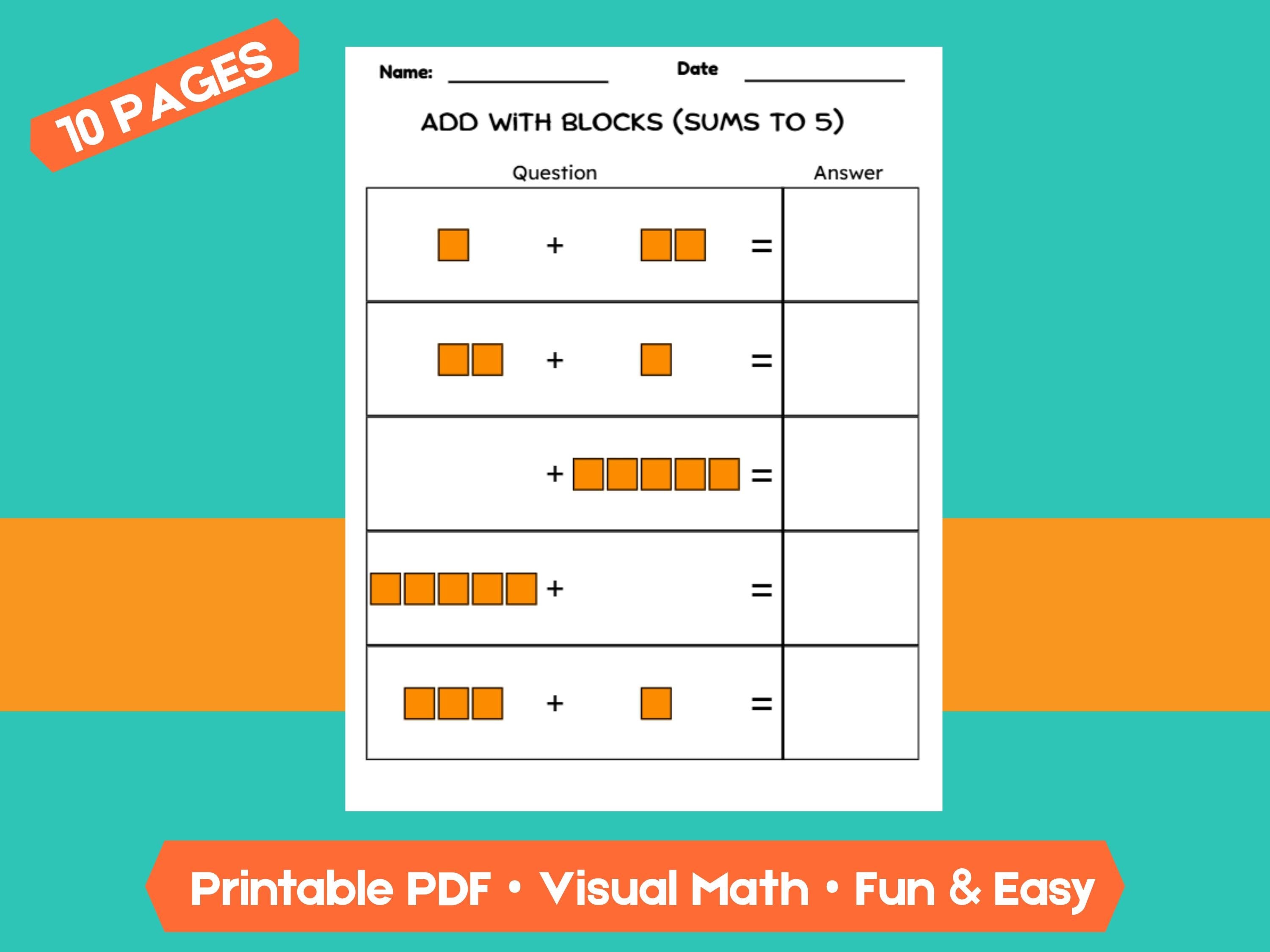 Kindergarten Addition Worksheets | Sums Within 5 | No-Prep Math Printables with Blocks (Draw & Write Practice)