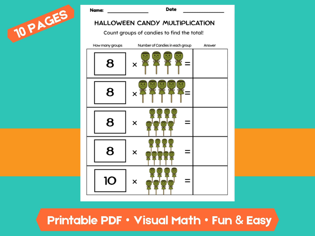 Halloween Candy Multiplication Worksheets | 10 Pages | Fun & Visual Math Practice for Kids