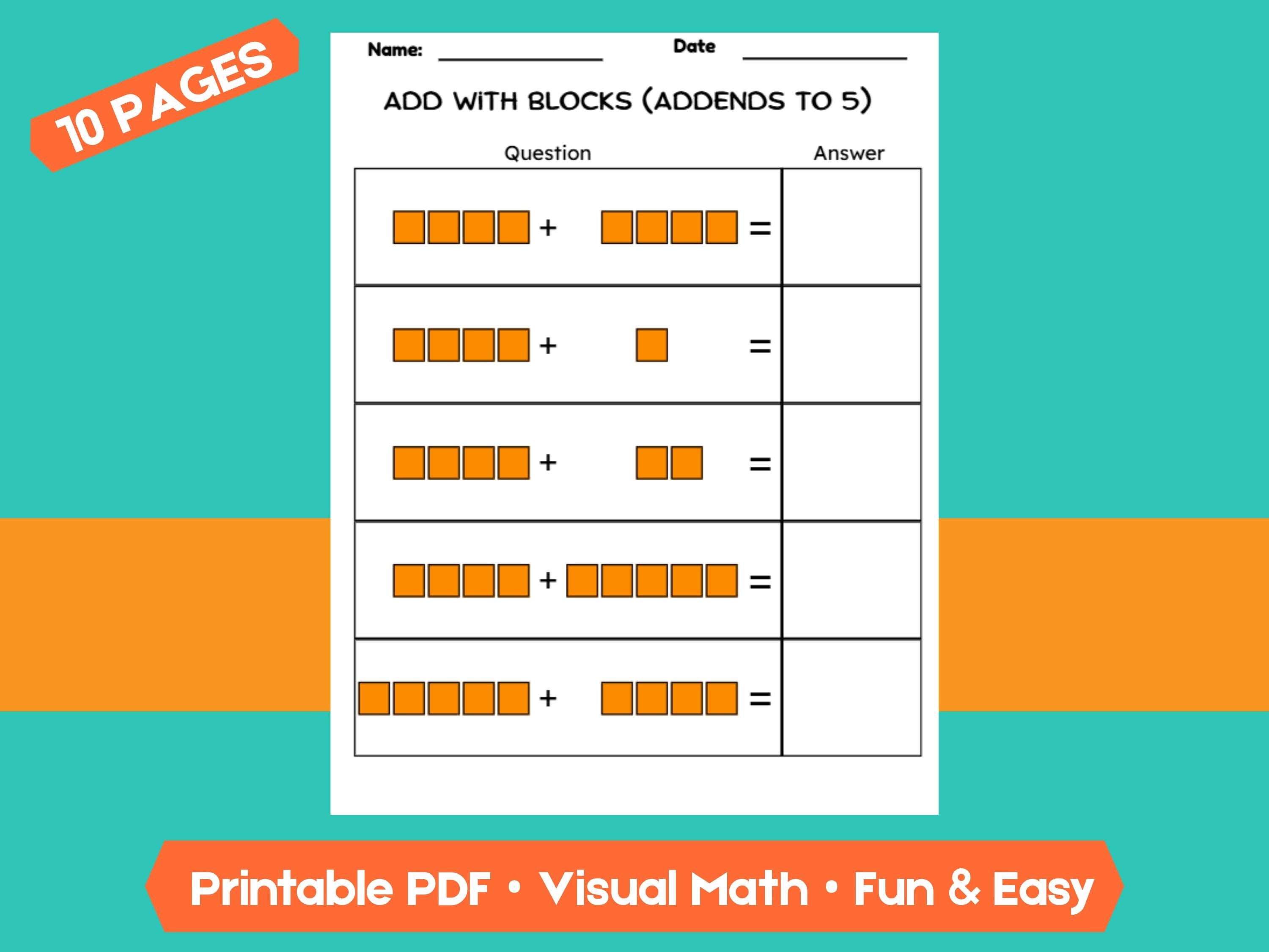 Kindergarten Addition Worksheets | Addends Within 5 | No-Prep Math Printables with Blocks (Draw & Write Practice)