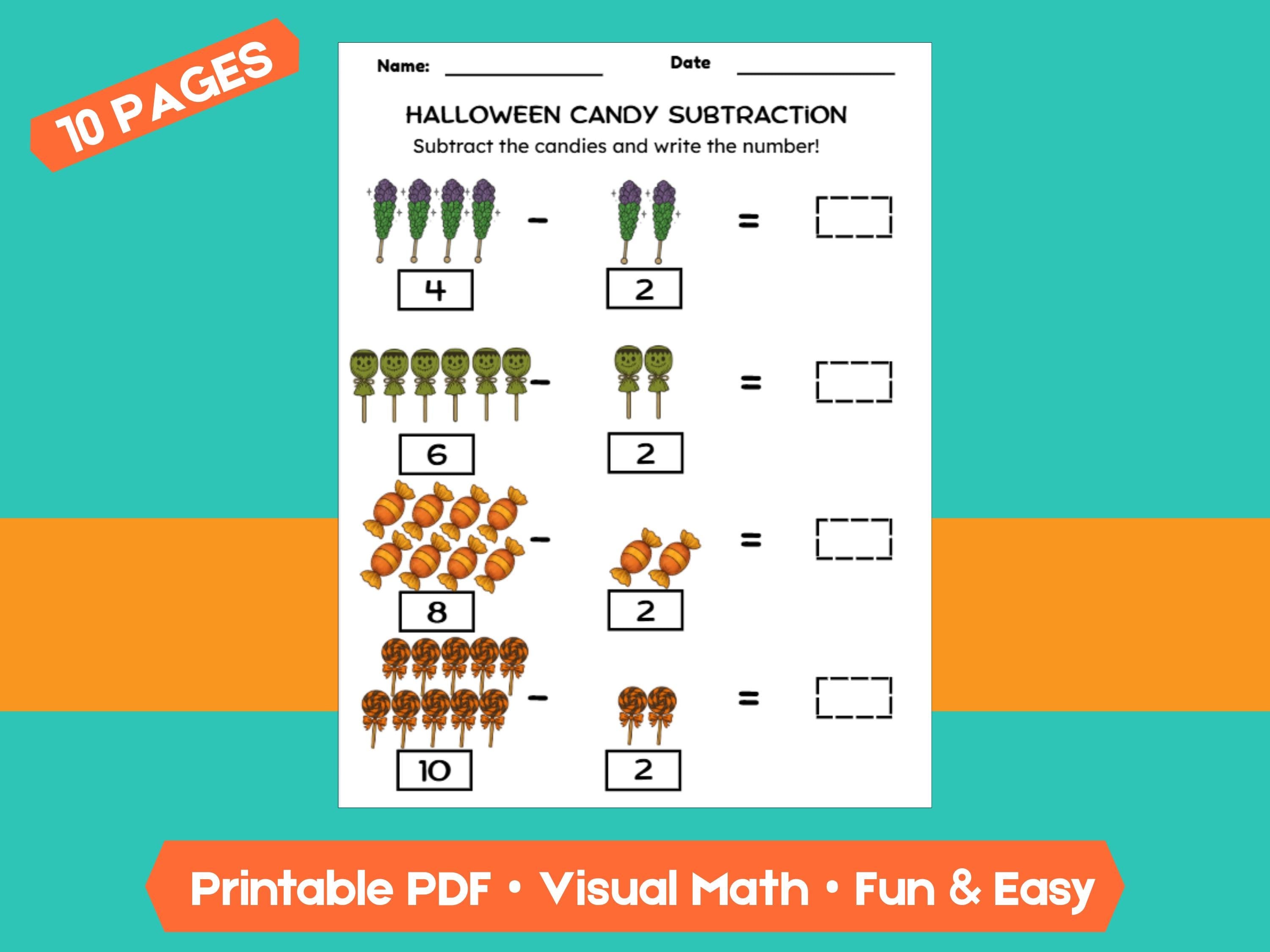 Halloween Candy Subtraction Worksheets (1–10) | Preschool & Kindergarten Math, Count and Write