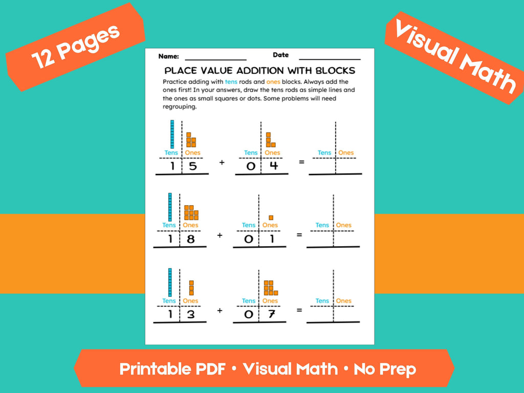 Addition with Place Value Blocks Worksheets | Adding Within 100 | Tens and Ones Regrouping Practice | Printable Math PDF