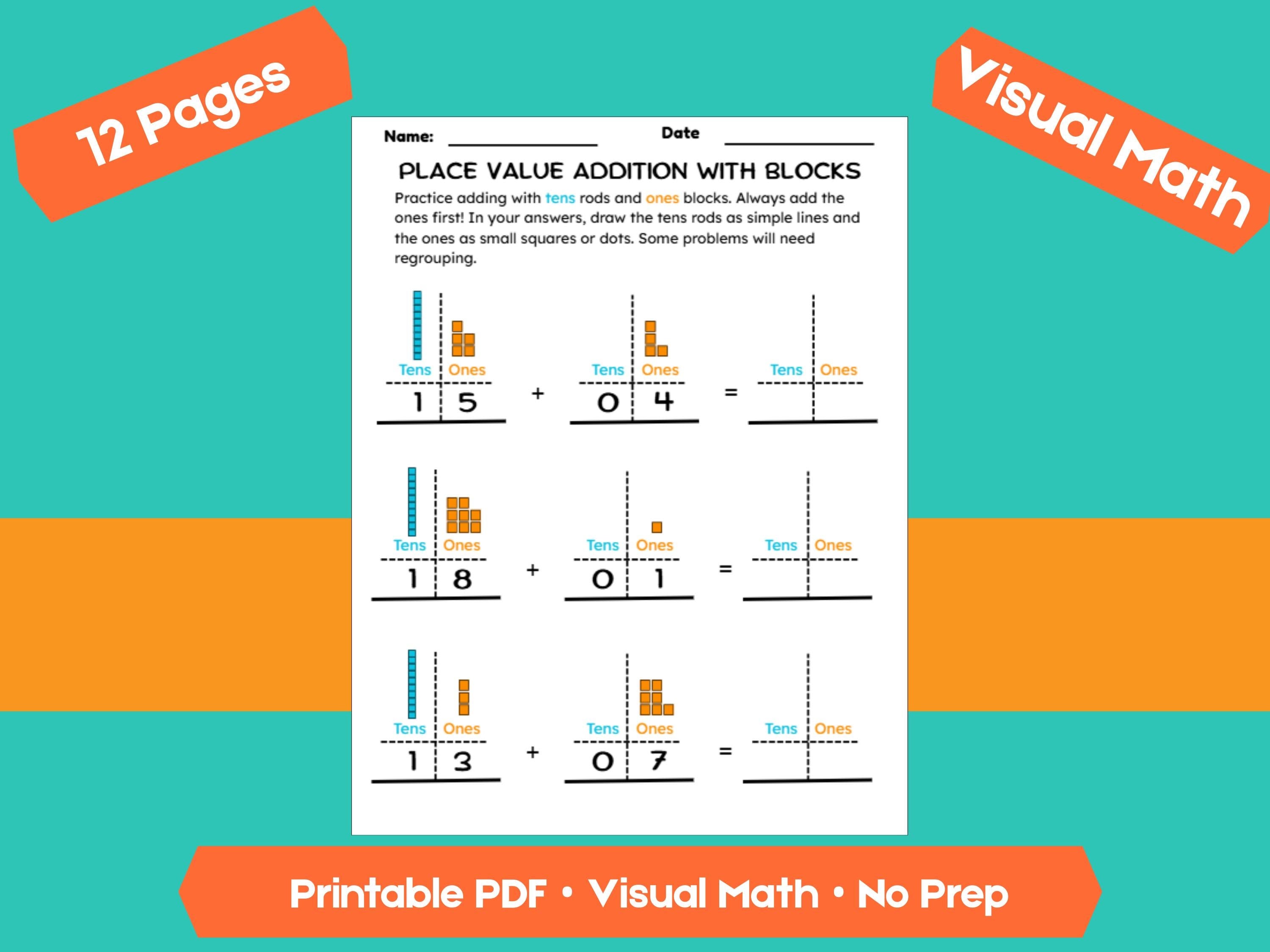 Addition with Place Value Blocks Worksheets | Adding Within 100 | Tens and Ones Regrouping Practice | Printable Math PDF
